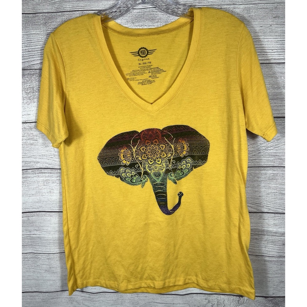 MAD Engine Women's XL Yellow Elephant Graphic V Neck‎ Boho T Shirt